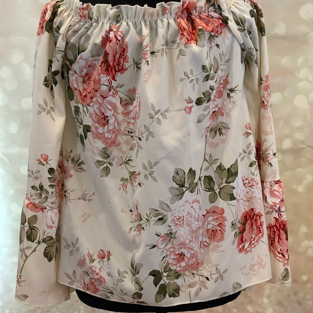 Shein S Off White Floral Blouse Off Shoulder Flowy with Bell Sleeves - Picture 6 of 8